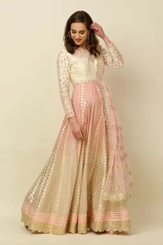 Ivory Pink Ombre Anarkali Churidaar Dupatta And Belt