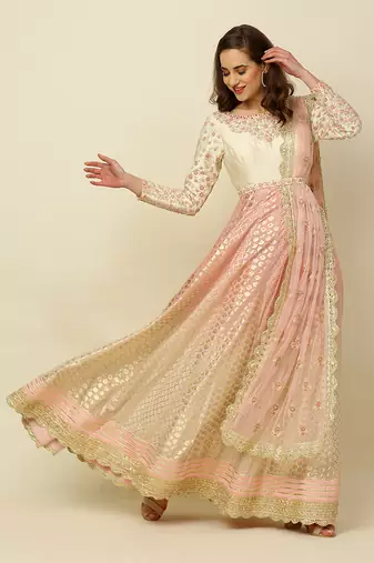 Ivory Pink Ombre Anarkali Churidaar Dupatta And Belt