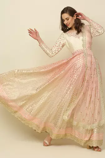 Ivory Pink Ombre Anarkali Churidaar Dupatta And Belt