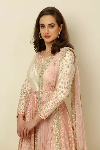 Ivory Pink Ombre Anarkali Churidaar Dupatta And Belt
