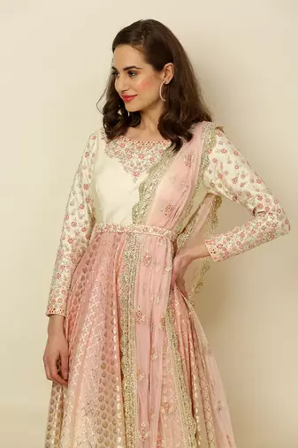 Ivory Pink Ombre Anarkali Churidaar Dupatta And Belt