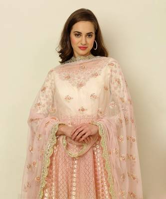 Ivory Pink Ombre Anarkali Churidaar Dupatta And Belt 11