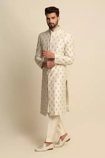 Off White Embroidered Sherwani