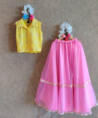 Pink Ghaghra With Button Down Top 1