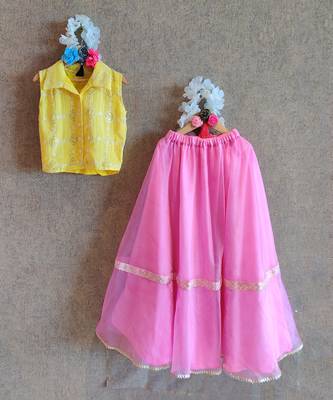 Pink Ghaghra With Button Down Top 6