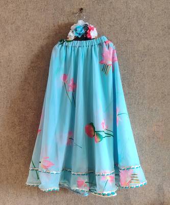 Sky Blue Lotus Print Skirt With Embroidered Bow Tie Back Top 2
