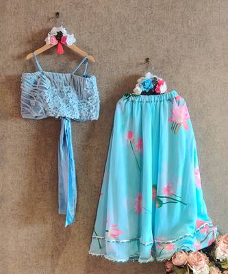 Sky Blue Lotus Print Skirt With Embroidered Bow Tie Back Top 1