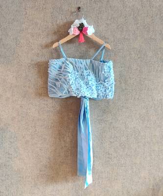 Sky Blue Lotus Print Skirt With Embroidered Bow Tie Back Top 3