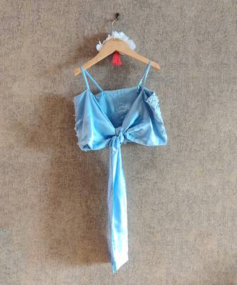 Sky Blue Lotus Print Skirt With Embroidered Bow Tie Back Top 4