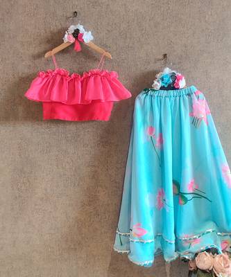 Blue Lotus Print Skirt With Frill Top 1