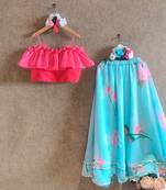 Blue Lotus Print Skirt With Frill Top