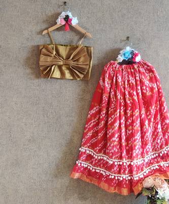 Red Bandhni Skirt With Gold Top 1