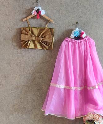 Pink Ghaghra With Gold Bow Top 1