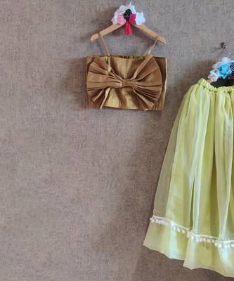 Green Ghaghra With Gold Bow Top 3