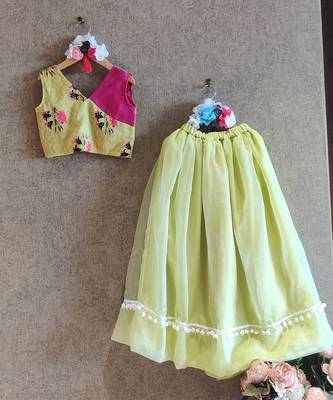 Printed Green And Pink Top With Green Skirt 1