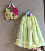 Printed Green And Pink Top With Green Skirt