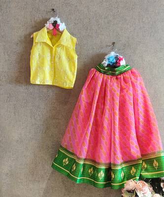 Printed Pink And Green Skirt With Yellow Button Down Top 2