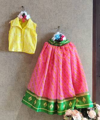 Printed Pink And Green Skirt With Yellow Button Down Top 1