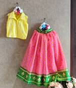 Printed Pink And Green Skirt With Yellow Button Down Top