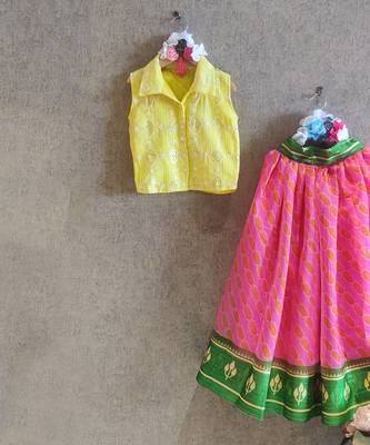Printed Pink And Green Skirt With Yellow Button Down Top 3
