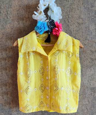 Printed Pink And Green Skirt With Yellow Button Down Top 7