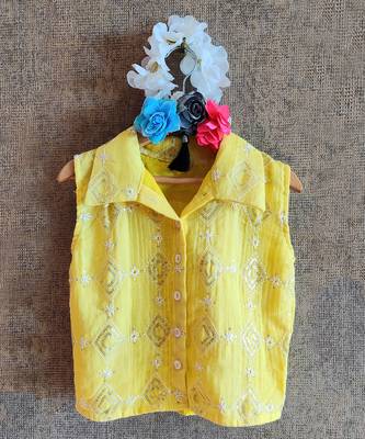 Printed Pink And Green Skirt With Yellow Button Down Top 8