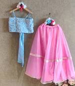 Pink And Blue Embroidered Skirt And Crop Top Set