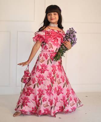 Pink Flowered Top with Flowery Organza Ghagra 1