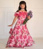 Pink Flowered Top with Flowery Organza Ghagra