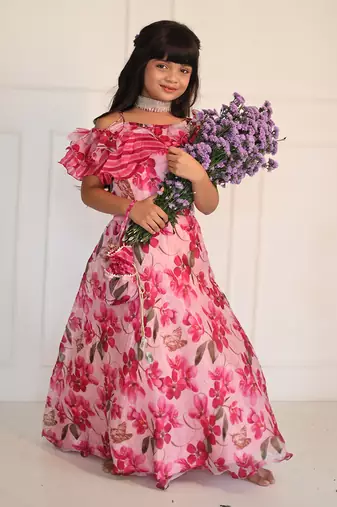Pink Flowered Top with Flowery Organza Ghagra