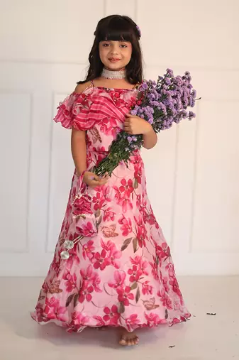 Pink Flowered Top with Flowery Organza Ghagra