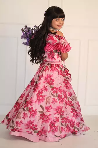 Pink Flowered Top with Flowery Organza Ghagra