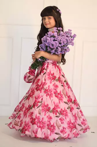 Pink Flowered Top with Flowery Organza Ghagra