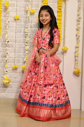 Patola Printed And Gota Lace Detailed Top With Lehenga And Dupatta
