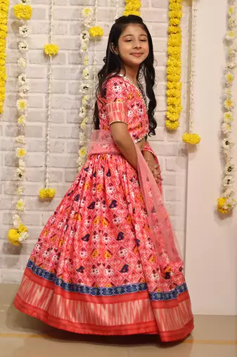 Patola Printed And Gota Lace Detailed Top With Lehenga And Dupatta