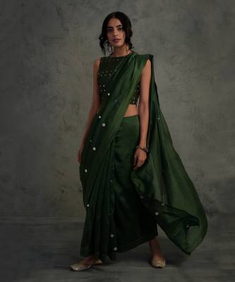 Olive Green Casual Saree with Blouse for Women 1