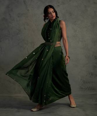Olive Green Casual Saree with Blouse for Women 2