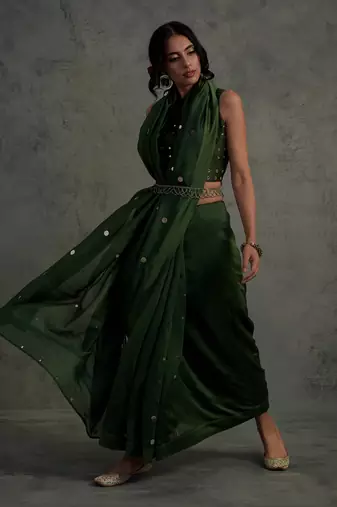 Olive Green Casual Saree with Blouse for Women
