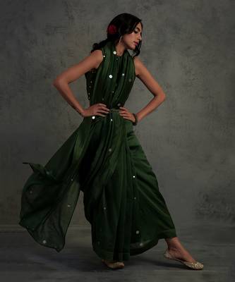 Olive Green Casual Saree with Blouse for Women 3
