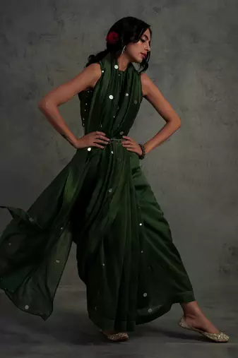 Olive Green Casual Saree with Blouse for Women