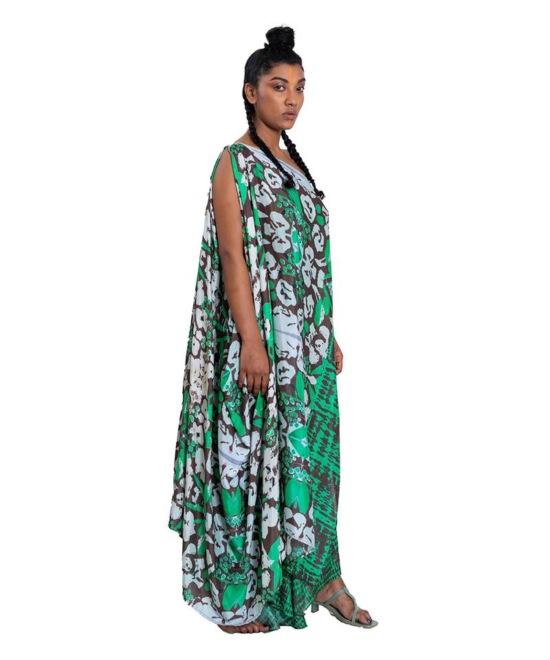 One Shouldered Floral Shibori Kaftan