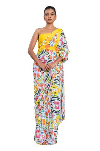 Yellow Muslin Plain Saree With Blouse