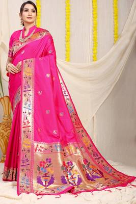 Pink Woven Paithani Silk Blend Saree With Blouse 1