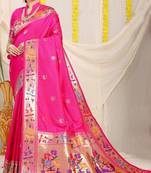 Pink Woven Paithani Silk Blend Saree With Blouse