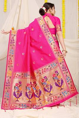 Pink Woven Paithani Silk Blend Saree With Blouse 2