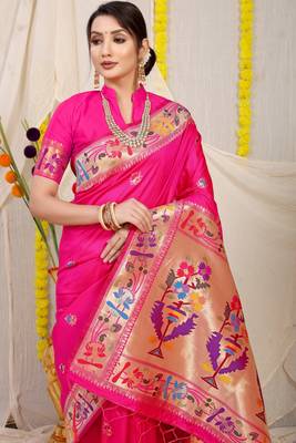 Pink Woven Paithani Silk Blend Saree With Blouse 3