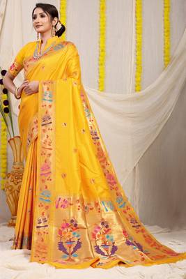 Yellow woven paithani silk saree with blouse 1
