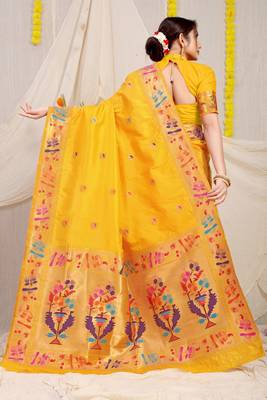 Yellow woven paithani silk saree with blouse 2