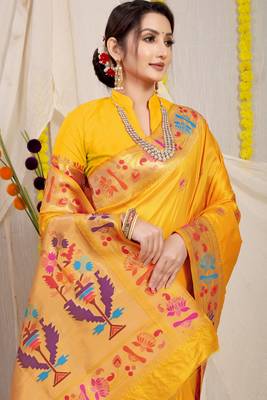 Yellow woven paithani silk saree with blouse 3