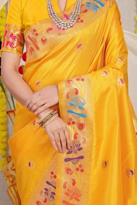 Yellow woven paithani silk saree with blouse 4